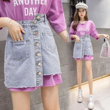 Летняя короткая юбка в ковбойском стиле с завышенной талией, женские Необычные двубортные юбки в Корейском стиле, юбка в стиле джокер