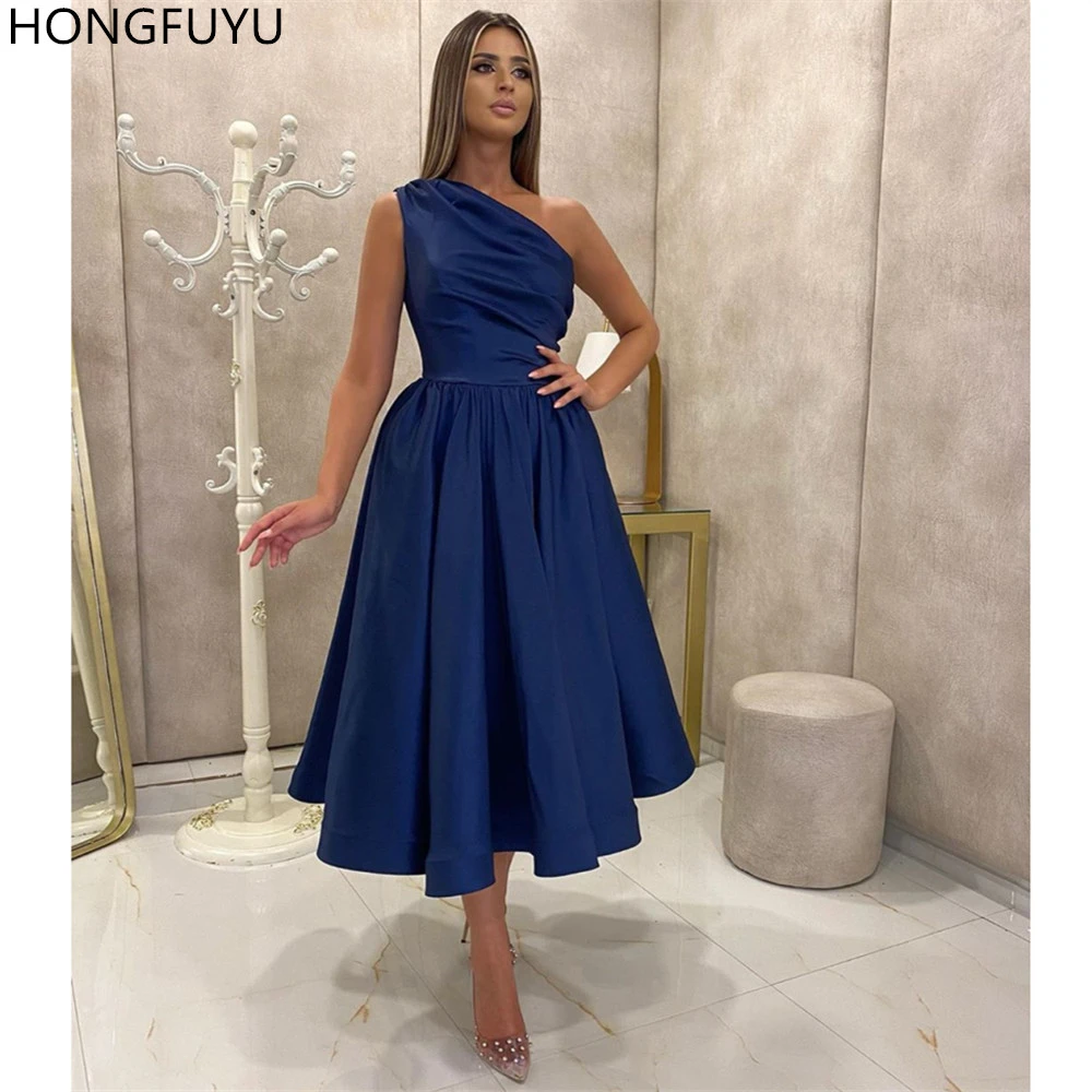 HONGFUYU One Shoulder Sleeveless Prom Dresses A-Line Satin Tea Length Evening Gowns vestidos de fiesta de noche Cocktail Party white prom dress