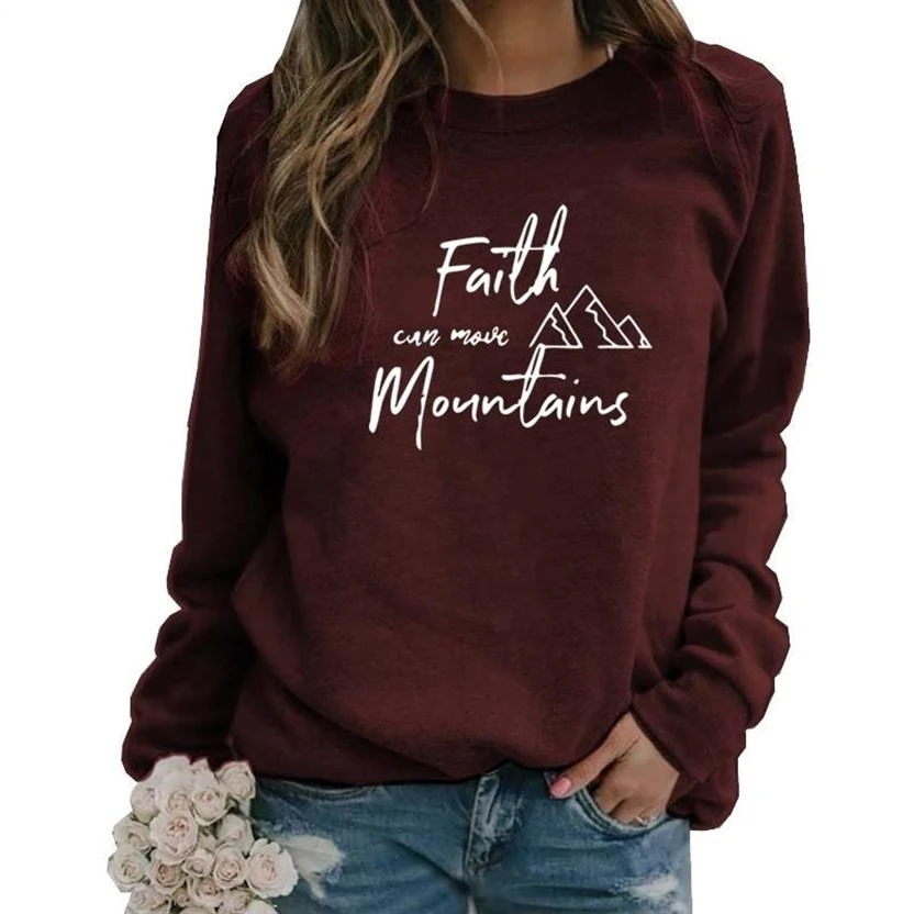 Faith Can Move горы с буквенным принтом, длинный рукав, круглый вырез, толстовки для женщин, хлопковый топ, Толстовка для женщин, милая толстовка с капюшоном размера плюс