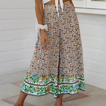 

Women Casual Floral Wide Leg Pant Geometric Print Elastic High Waist Sashes Long Wide Leg Pants Loose Culottes Maxi Trousers