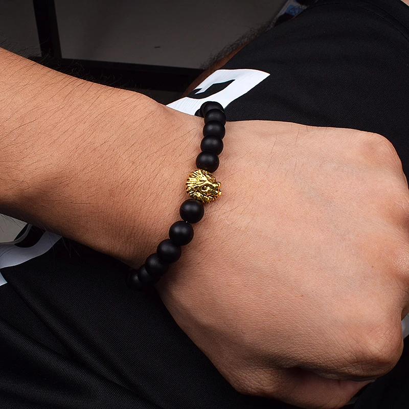 Fashion Obsidian Lion Head Charm Bracelets Men Lava Stone Zircon Prism Bracelets & Bangles For Women Friendship Jewelry Gift