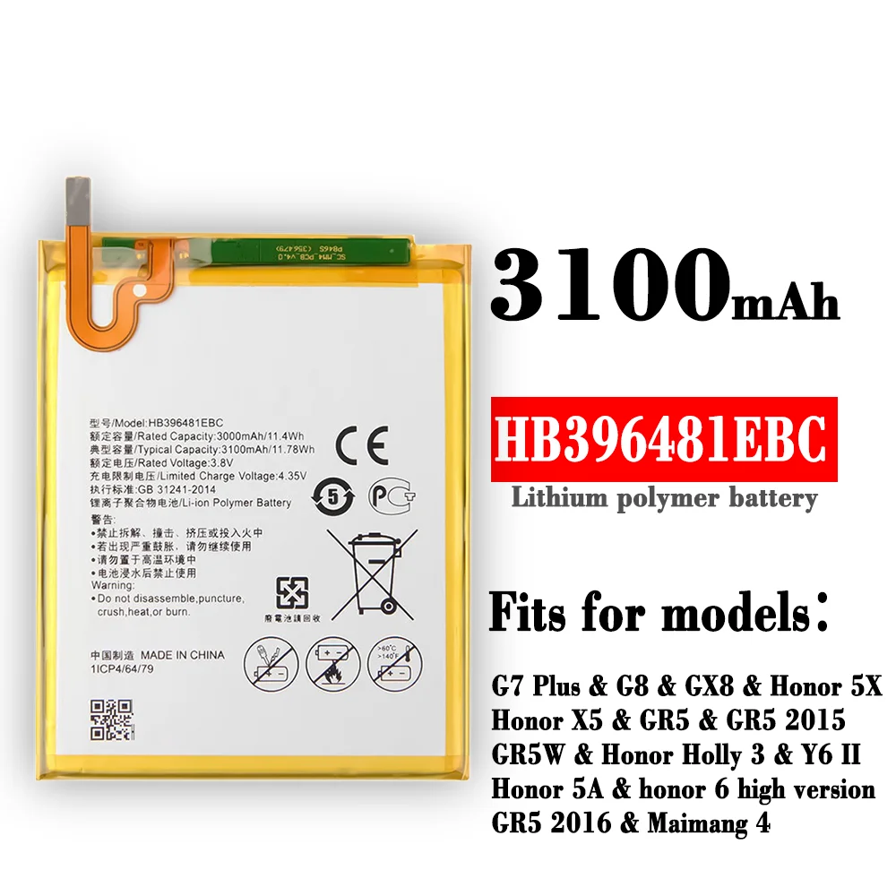 

100% Orginal HB396481EBC Battery For Huawei ASCEND G7 PLUS HONOR 5X 5A G8 G8X 5C 7C 7A 8 9 10 Lite Pour Smart 2019 Y5 C8816