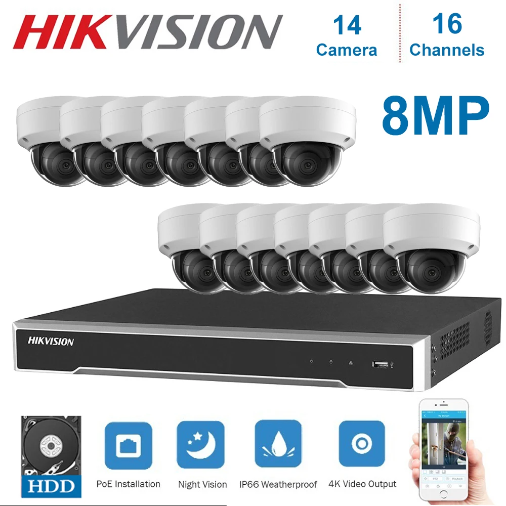 

Hikvision 4K Network 16 Channel POE NVR Video Surveillance and 14 Pieces DS-2CD2183G0-I POE Dome Night Vision Network Camera Kit