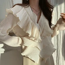 

V-neck Ruffled Patch Draped Shirt Women's Slim Waist Flared Long-sleeved Solid Color Shirt Feminino Spring Style Blusas Femme