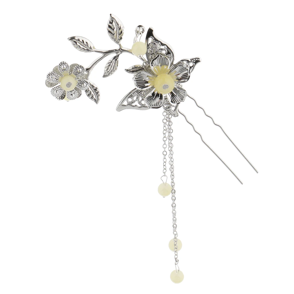 Jade Bead Flower Hairpin Kanzashi Hair clip Classical for Hanfu Kimono Bride