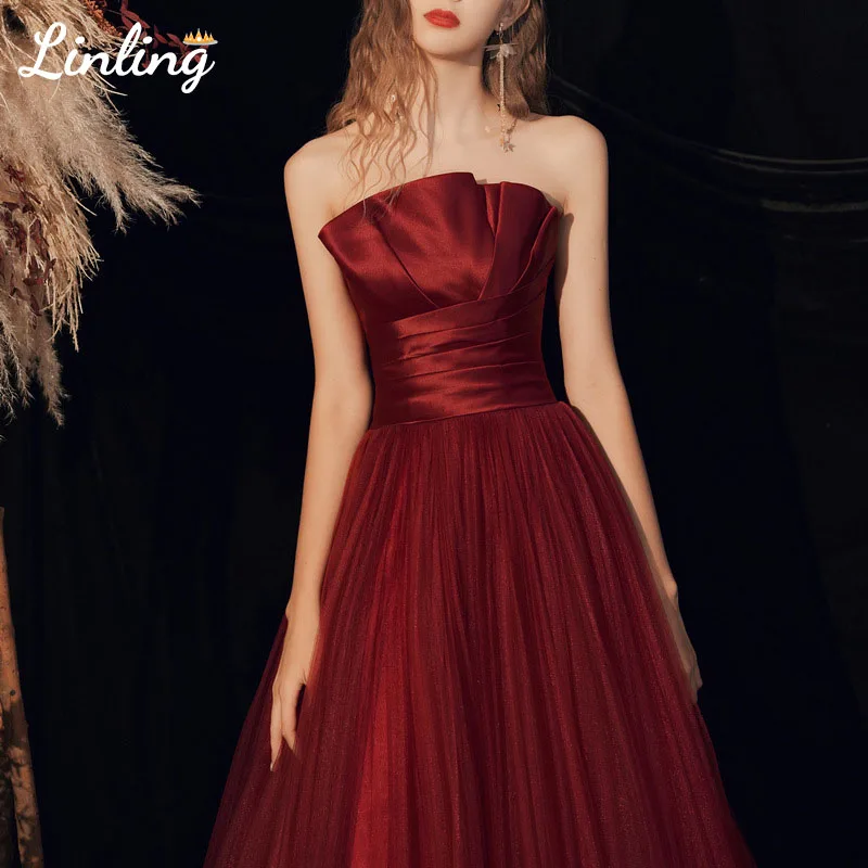 

LINLING 2020 New Elegant Banquet Burgundy Satin Evening Dresses Strapless Long vestidos