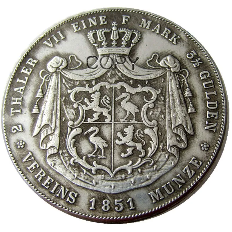 1851 немецкий 2 Thaler-Heinrich XX Посеребренная Имитация монеты DE(04