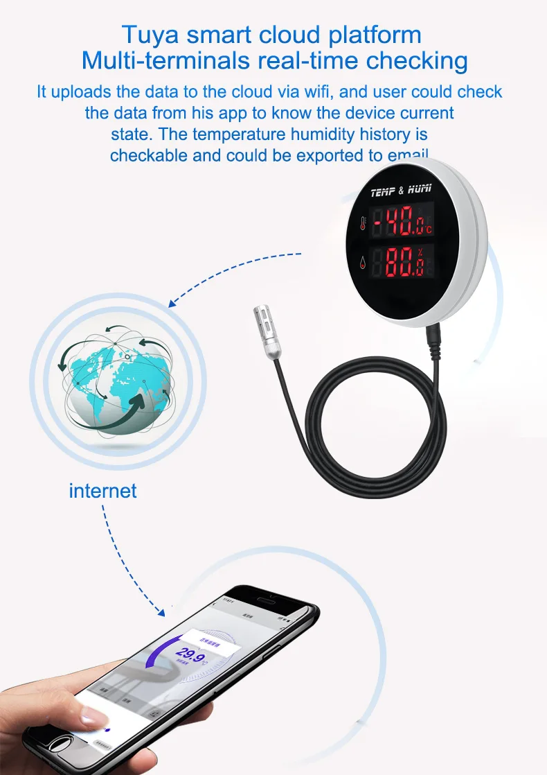 Alarma con sensor de humedad y temperatura WiFi: termómetro digital  higrómetro con sonda y batería recargable, alarma de zumbador y alertas de