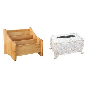 

2 Pcs Storage Box: 1 Pcs 3 Grid Bamboo Remote Control Storage Box & 1 Pcs Acrylic Tissue Box Universal Paper Rack