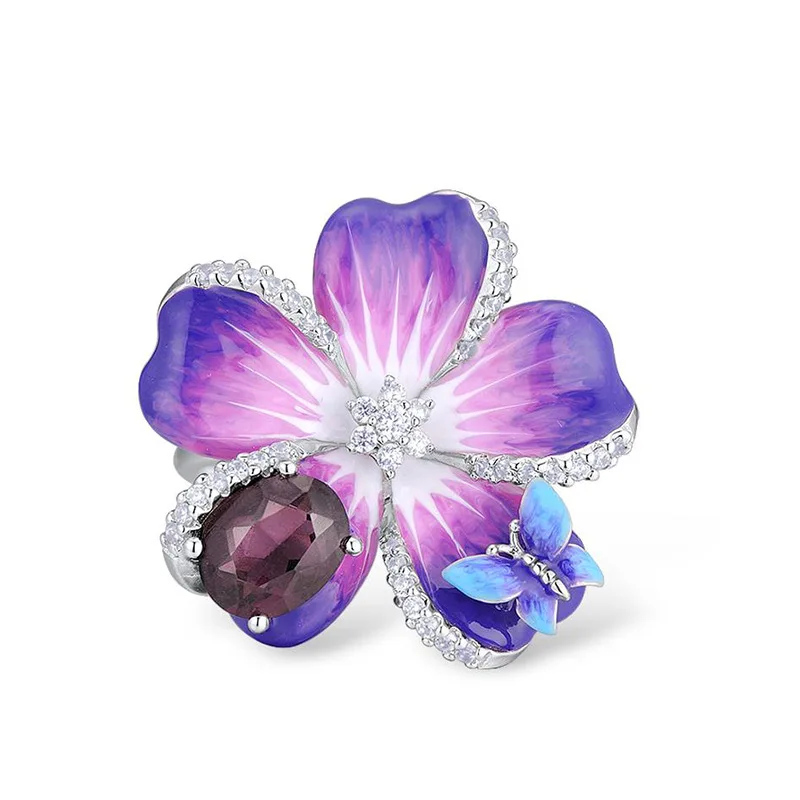Элегантный цветок бабочки серебряные эмалированные Ювелирные наборы для женщин красивый красный камень Свадебная подвеска, ожерелье кольцо серьги наборы