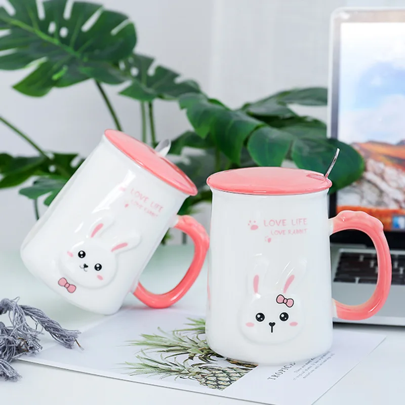 Korean style creative Korean cartoon bunny ceramic cup with lid with spoon student cup office mug children's room decoration