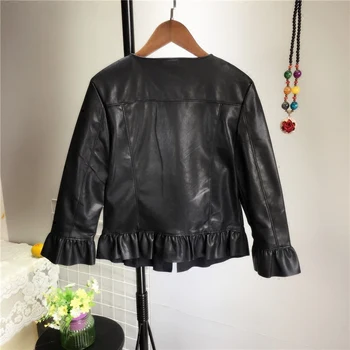 

Woman's New Short Jacket with Fungus Lace Round Collar Soft PU Leather Jacket Girls Ladies Leisure Coat Coats Spring Autumn