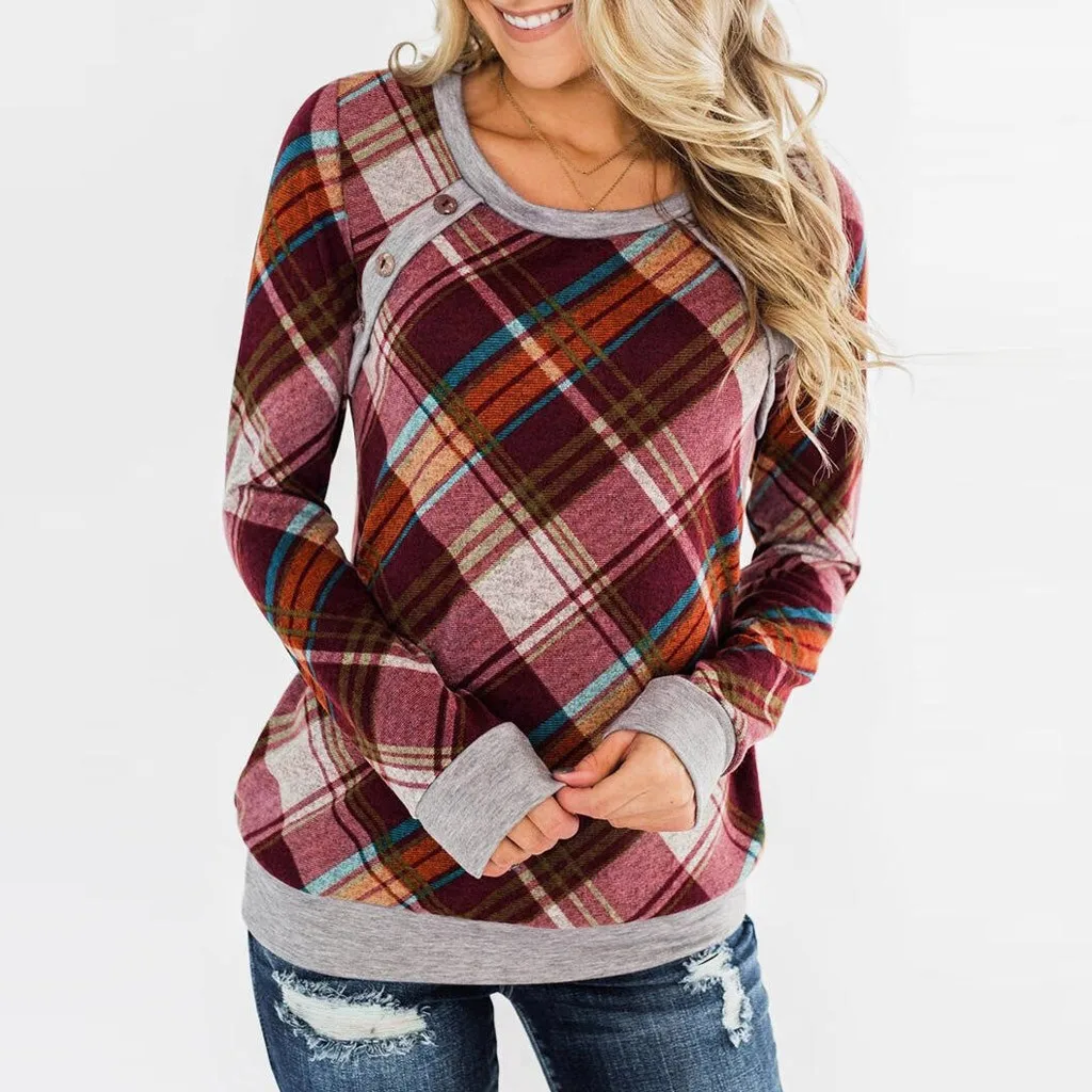 Women Blouse Fashion Plaid Print Plus Size Shirt Long Sleeve Round Neck Blouse Button Womens Tops And Blouses Camisas Mujer Women Blouse Fashion Plaid Print Plus Size Shirt Long Sleeve Round Neck Blouse Button Womens Tops And Blouses Camisas Mujer