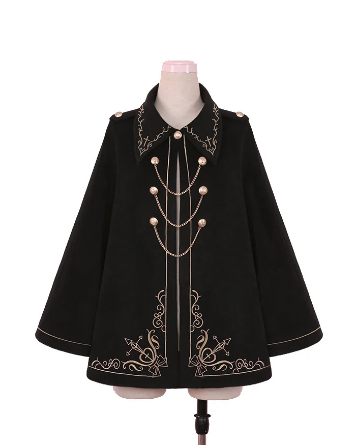 Japanese-style Soft Sister Cool COS Character Fold-down Collar Dark Night Count Handsome Embroidered Swallow Tail Woolen Cloak C