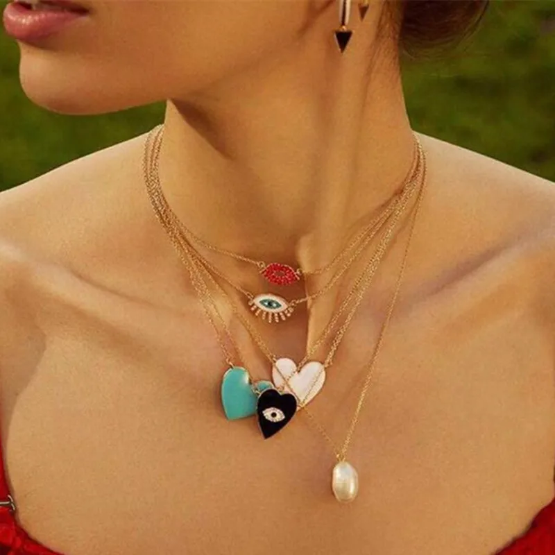 

DIEZI Vintage Korean Rainbow Heart Eyes Pendant Necklace For Women Female Pearl Statement Choker Chain Necklace 2019 New Jewelry