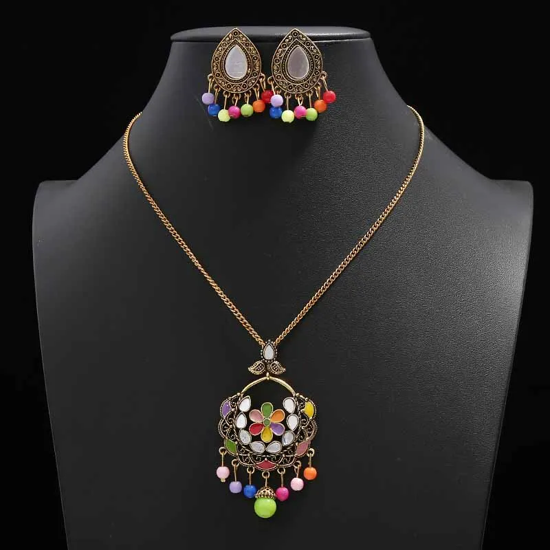 2 Акриловые Ювелирные наборы для женщин золотые Jhumka полые серьги, индийские украшения Этнические племя Boho колокольчики кисточкой Висячие серьги Bijoux - Окраска металла: 2