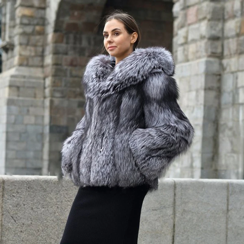 Fur Bomber Jacket Fluffy Gray Jacket Hooded Chinchilla Fur Bomber