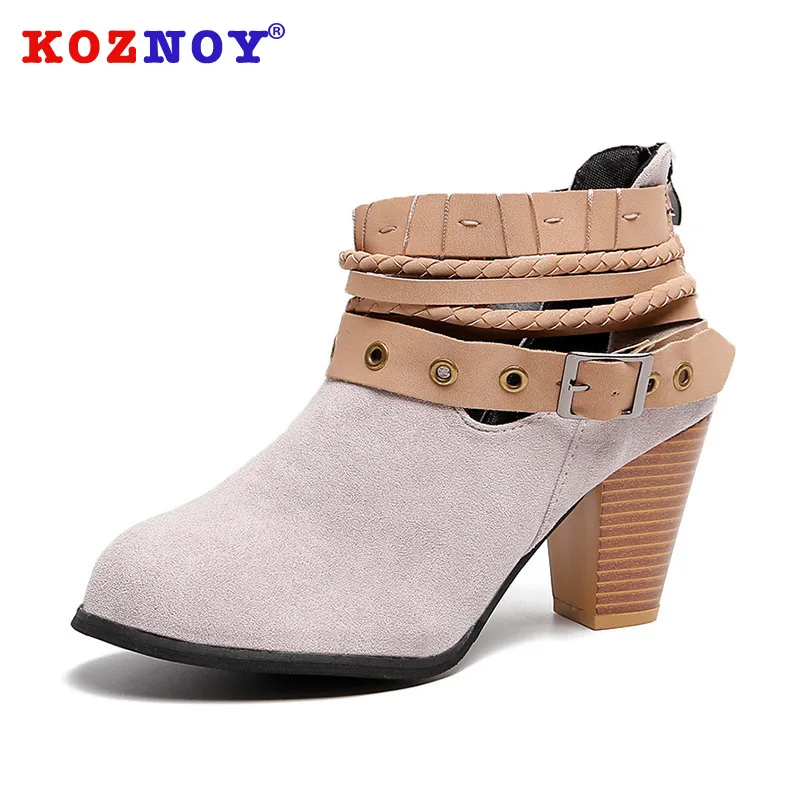 

Koznoy Women Boots Spring Autumn Back Zipper Boots Dropshipping Heavy Heels Middle Buckle Belt Buckle Large Size Women Boots