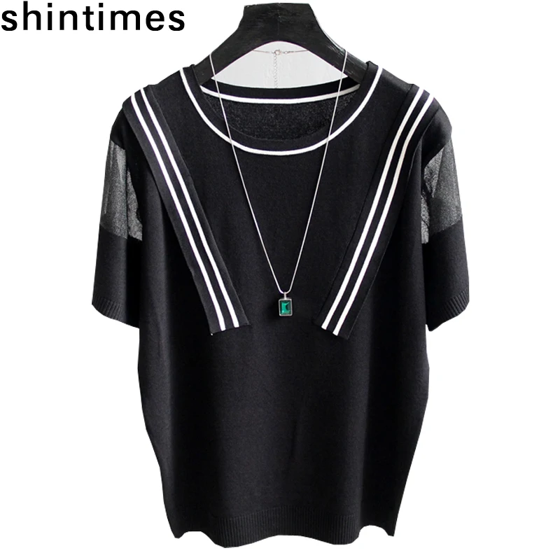 

shintimes Korean Version Shirts Casual Loose Ladies Tops Patchwork Black Blouse Thin Knitted Clothes Blusas Mujer De Moda 2019