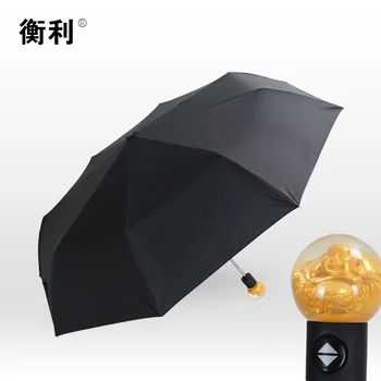 

[Heng li] New Products Automatic Three-folding Umbrella Stack College Style Umbrella Vinyl Zero Translucent Golden Buddha Golden