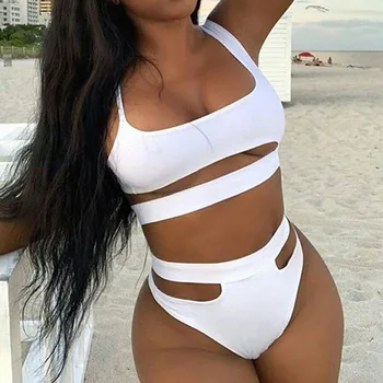 

Lady Sexy Bikini 2020 High Waist Solid Black White Push-up Padded Swimsuit Swimwear Bathing Suit High Waist Bikinis Set Women