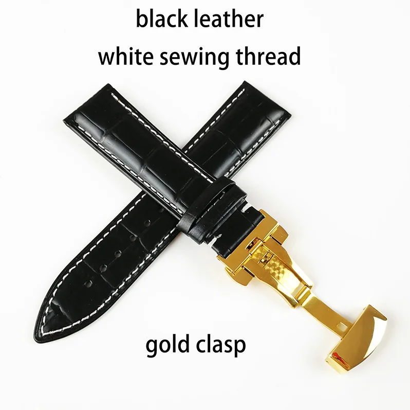 black white gold Ремешок для часов из натуральной кожи, ремешок из нержавеющей стали, застежка-бабочка, 13 мм, 14 мм, 15 мм, 16 мм, 17 мм, 18 мм, 19 мм, 20 м, 21 мм, 22 мм, ремешок для часов в подарок - Цвет ремешка: black white gold
