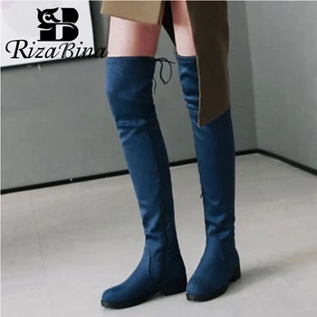 

RIZABINA Women Over The Knee Flats Boots Winter Keep Warm Stretch Shoes Women Round Toe Casual Party Thigh High Boots Size 34-43