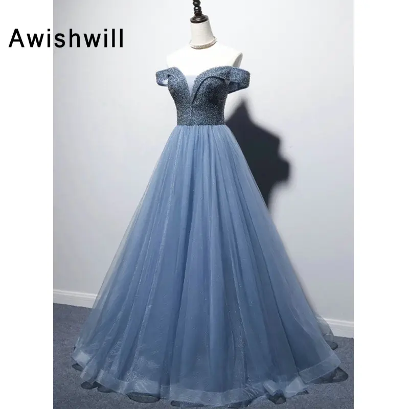 Vestidos Gala, сексуальное длинное платье для выпускного вечера,, с открытыми плечами, с бисером, тюль, на шнуровке, сзади, длина до пола, женское официальное вечернее платье