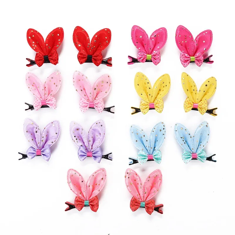 2pcs set Baby Girl Hair Clips Handmade Rabbit Ear Hairpins Cute Bow Resin Diamond Barrettes Barrettes 2