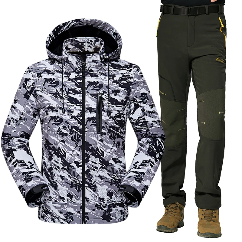 Флисовая Куртка мужская теплая флисовая походная куртка и штаны для улицы водонепроницаемая куртка дождевик для рыбалки кемпинга походная куртка набор - Цвет: Black white  Army