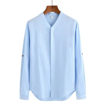 

2020 Summer New Long Sleeve Cotton Linen Shirt Casual Fashion Breathable Solid Color Shirts Tops Y2638