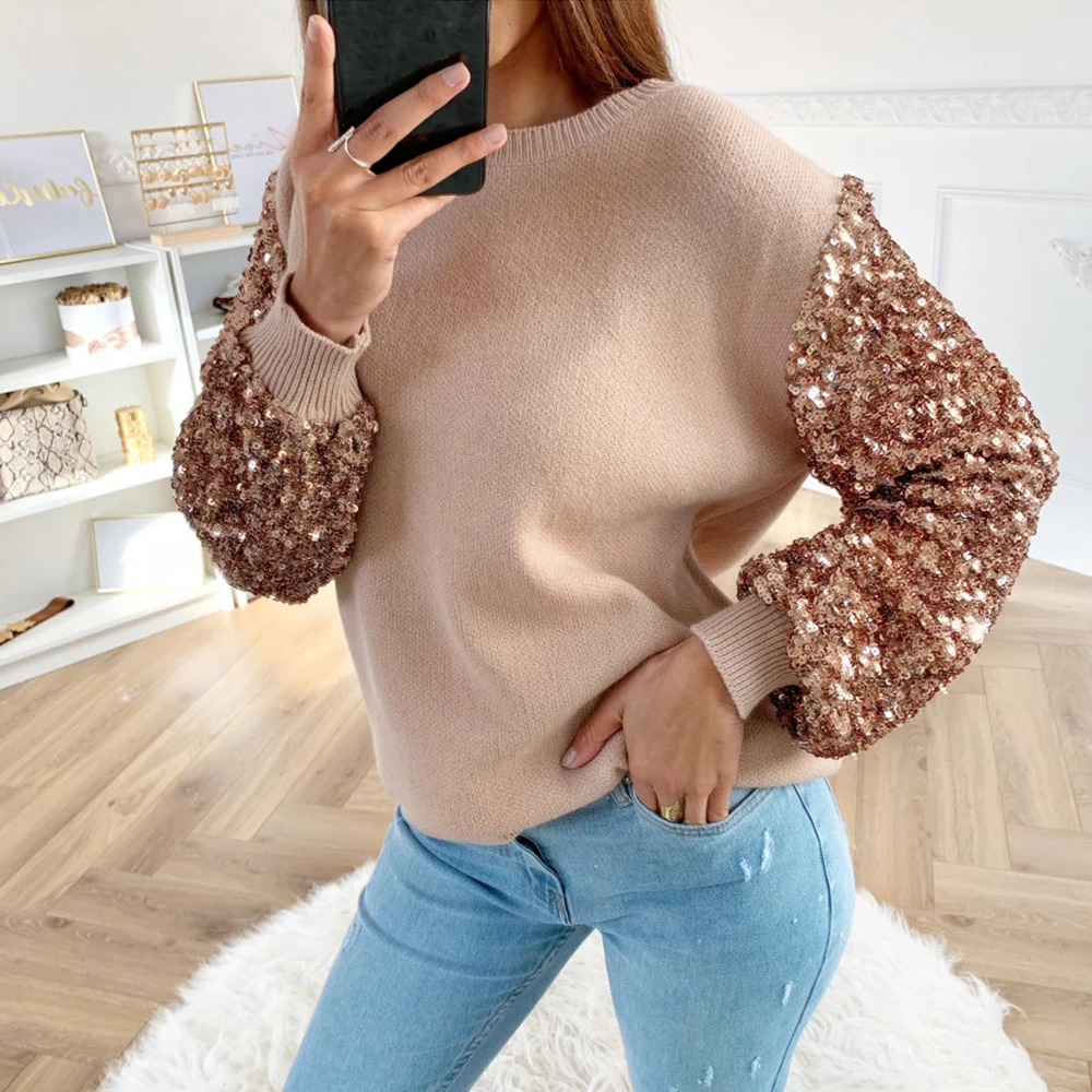

New Autumn Winter Women Sexy Sequins Tops Elegant Ladies Lantern Sleeve Stitching Ribbed Cuffs Round Neck Casual Knitted Top D30