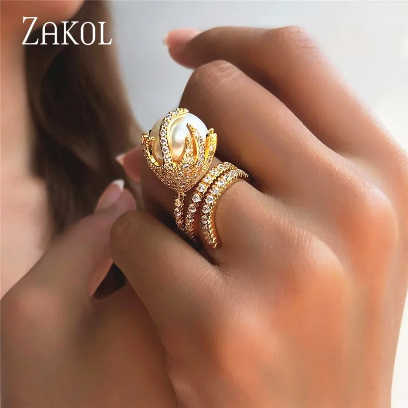 Rings for Pearl-Jewelry ZAKOL Zirconia-Rhodium Fire-Shaped Anel Feminino Synthetic Women