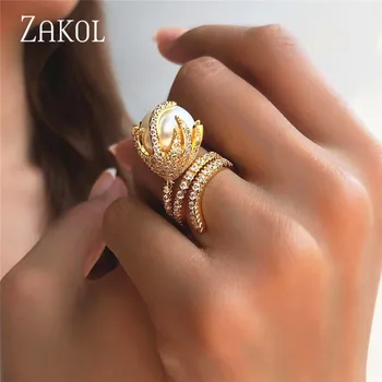 

ZAKOL Big Synthetic Pearl Jewelry Fire Shaped Zirconia Rhodium Color Micro Paved Rings for Women New Anel Feminino FSRP2118