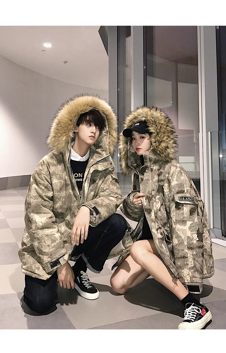 Liketkit мужские новые зимние парки MaleThick длинное камуфляжное пальто с капюшоном мужское шерстяное пальто большого размера с воротником для пар камуфляжная ветровка