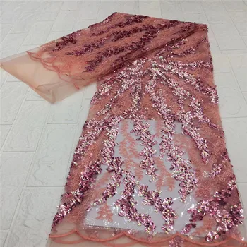 

Nigerian French Lace Fabric African peach Tulle Lace Fabric With sequins High Quality African Lace Wedding Fabric For Dress
