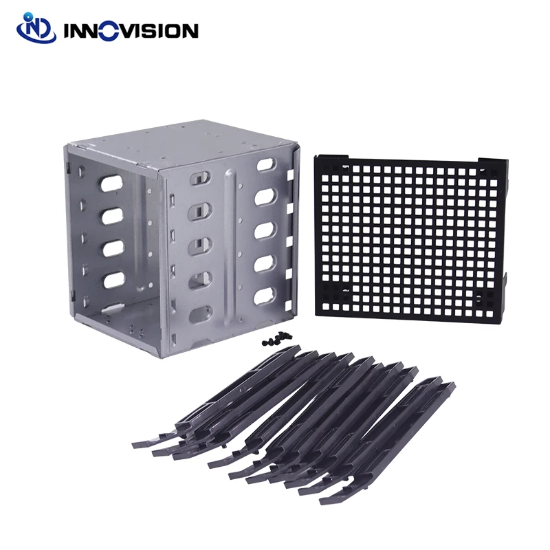 New HDD Hard Driver Tray Rack with Fan Space Hard Drive Cage Adapter Rack Bracket Stainless Steel Cage 5.25" to 5x 3.5"