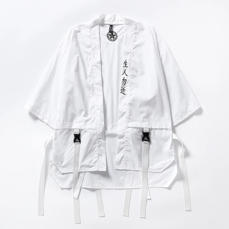 Белый Harajuku Open Stitch Kimono Jackets Men Hip Hop Thin Coat Ribbon Streetwear Male Fashion Autumn Mens Loose Jacket - Цвет: Белый