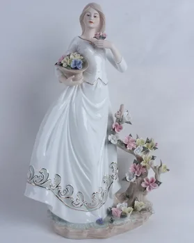 

[MGT] Vintage Porcelain Flower Picking Girl Miniature Statuette Handmade Ceramics Belle Figurine Decoration Present Ornament