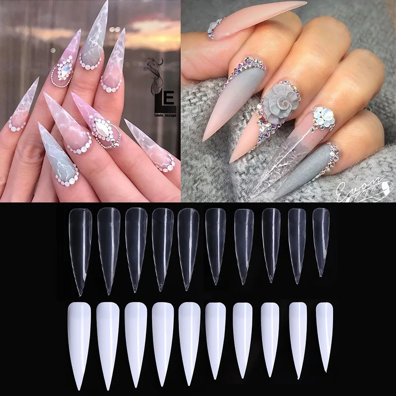 

50Pcs/Bag Sharp Long French Nail Fake Nail Tips Natural White Transparent False Nail Art Tips 10 Sizes