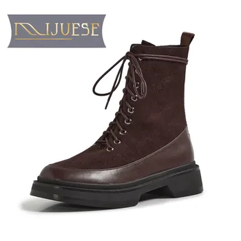 

MLJUESE 2021 women ANKLE boots Cow leather+Flock Winter short plush Round Toe zipper Med heels female boots size 39