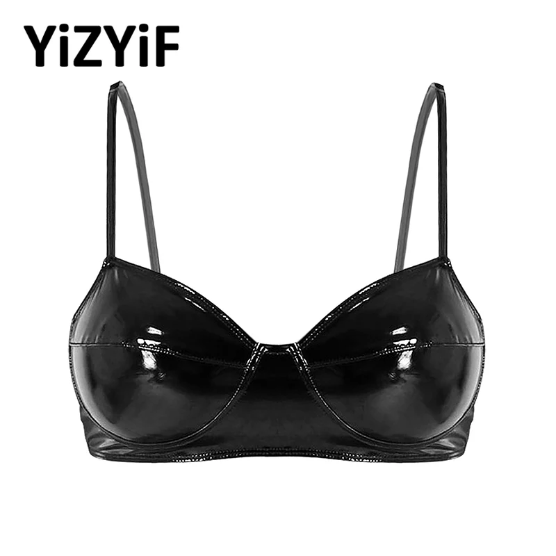 

Womens Lingerie Fashion Wetlook Sexy Night Party Clubwear Faux Leather Reflective Wire-free No Pad Bra Top for Raves Performance