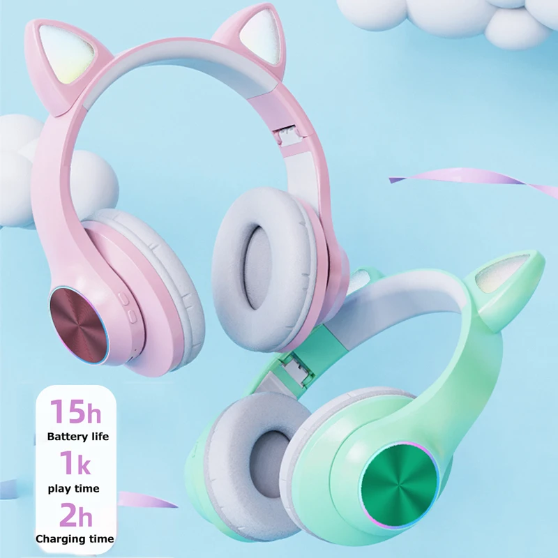 Cat Ear Bluetooth 5 0 Headphones LED HD Calling Girls Kids Cute Headset Support TF Card 3 5mm Jack Wireless Headphones