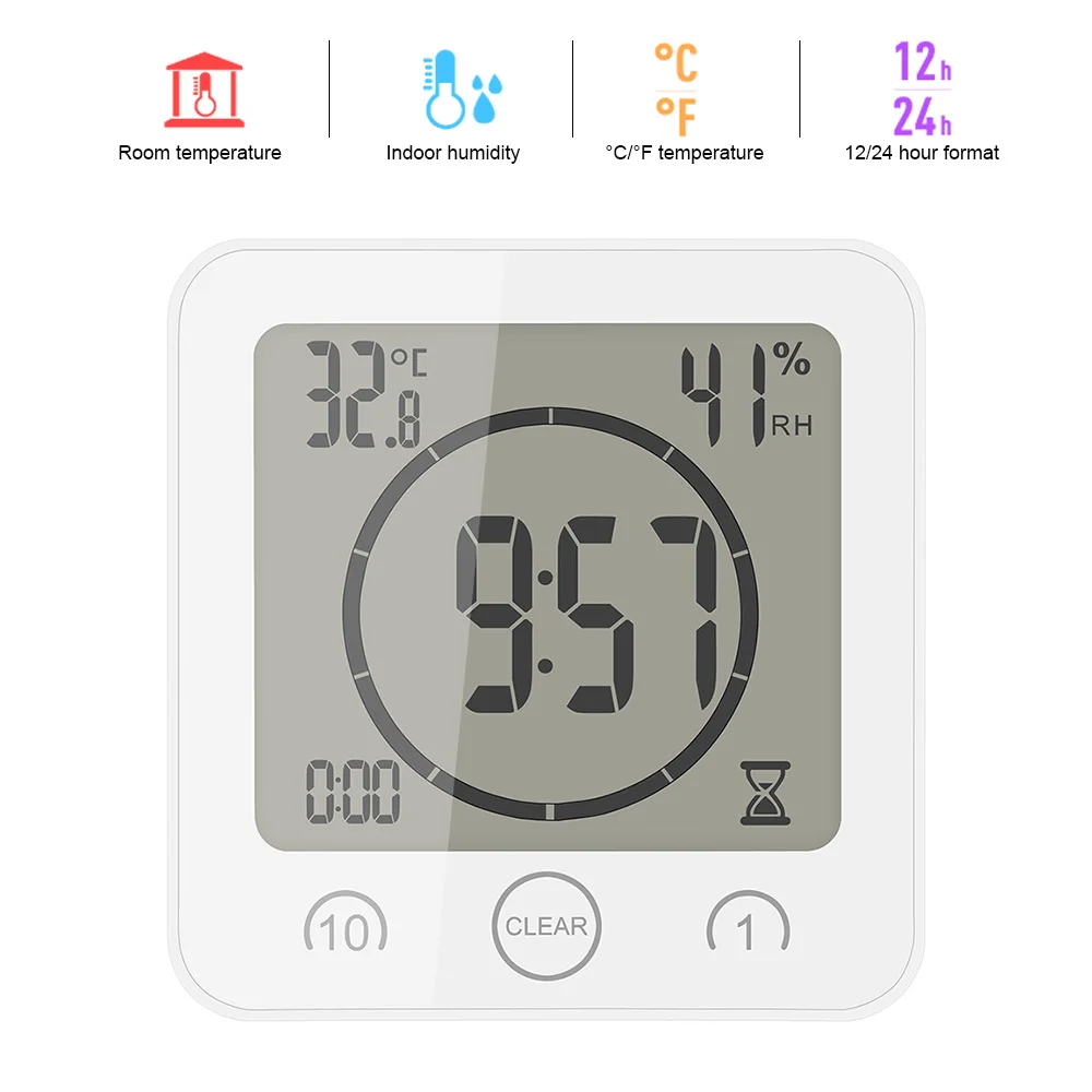 LCD Screen Waterproof Digital Bathroom Wall Clock Temperature Humidity Countdown Time Function Wash Shower Hanging Clocks Timer 