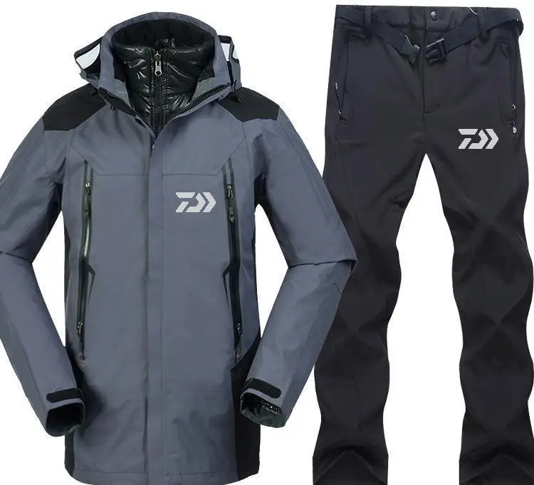 Daiwa2019 одежда для рыбалки осень зима мужские спортивные комплекты походные рыболовные куртки и рыболовные Штаны флисовые теплые уличные пуховые пальто - Цвет: Gray Black