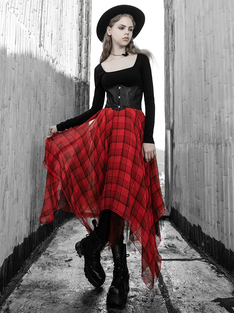 PUNKRAVE, темно-черная, брендовая, черная, красная, с талией, многослойная, сетка, шифон, сетка, пряжа, юбка, женская, с высокой талией, осень и зима