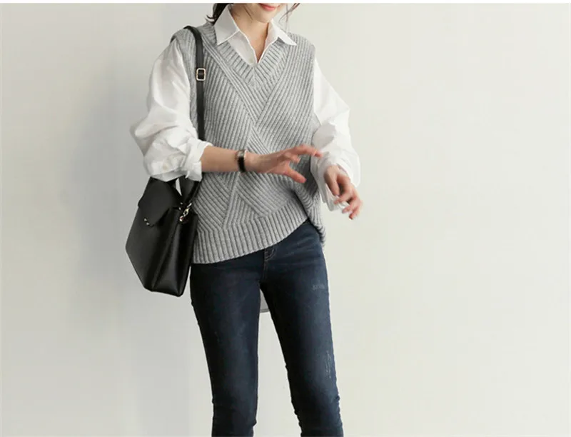 RUGOD New Women Knitted Sweater Vest V-neck Sleeveless Loose Slim Cross Sweater Korean Office Lady Streetwear Vest Coat