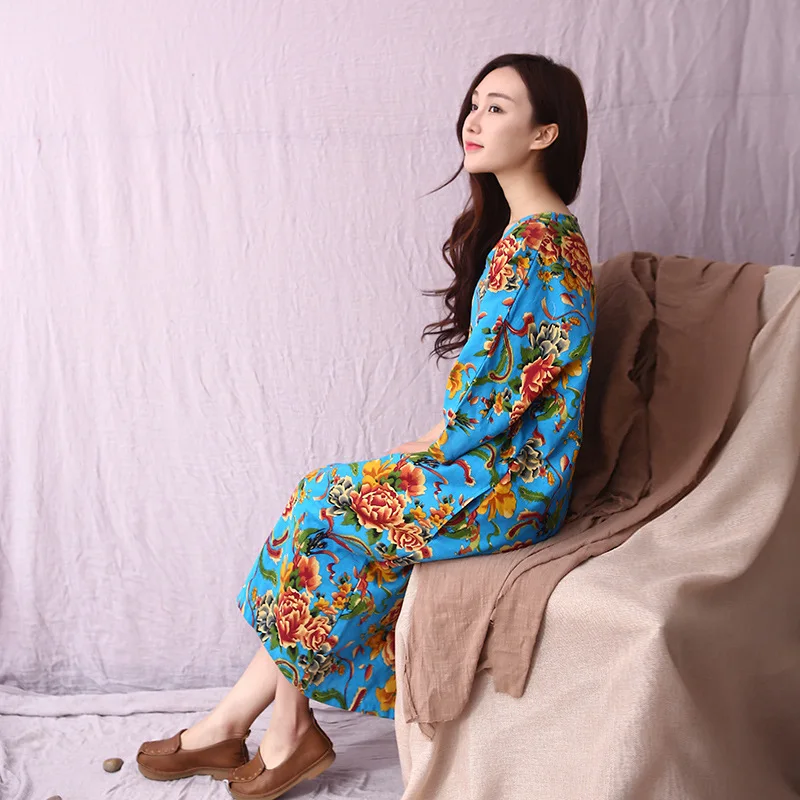 Runback/женское платье, окрашенное, Vestidos, хлопковое, льняное, халат, свободное платье большого размера, Ретро стиль, половина рукава, цветочный принт, женские платья