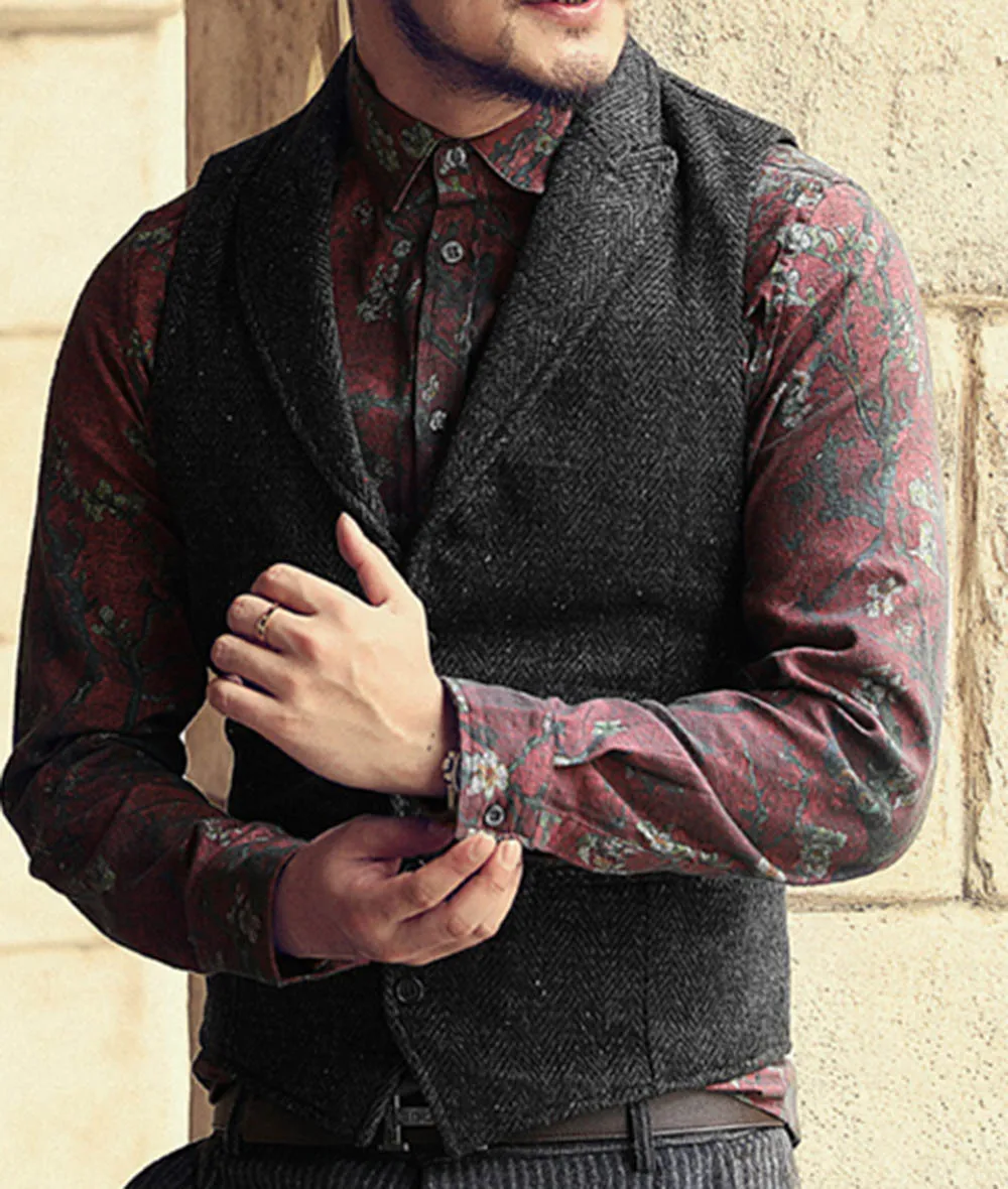 

2020 New Arrival Mens Suit Vest Lapel V Neck tweed Wool Herringbone Casual Formal Business Vest Waistcoat Groomman For Wedding