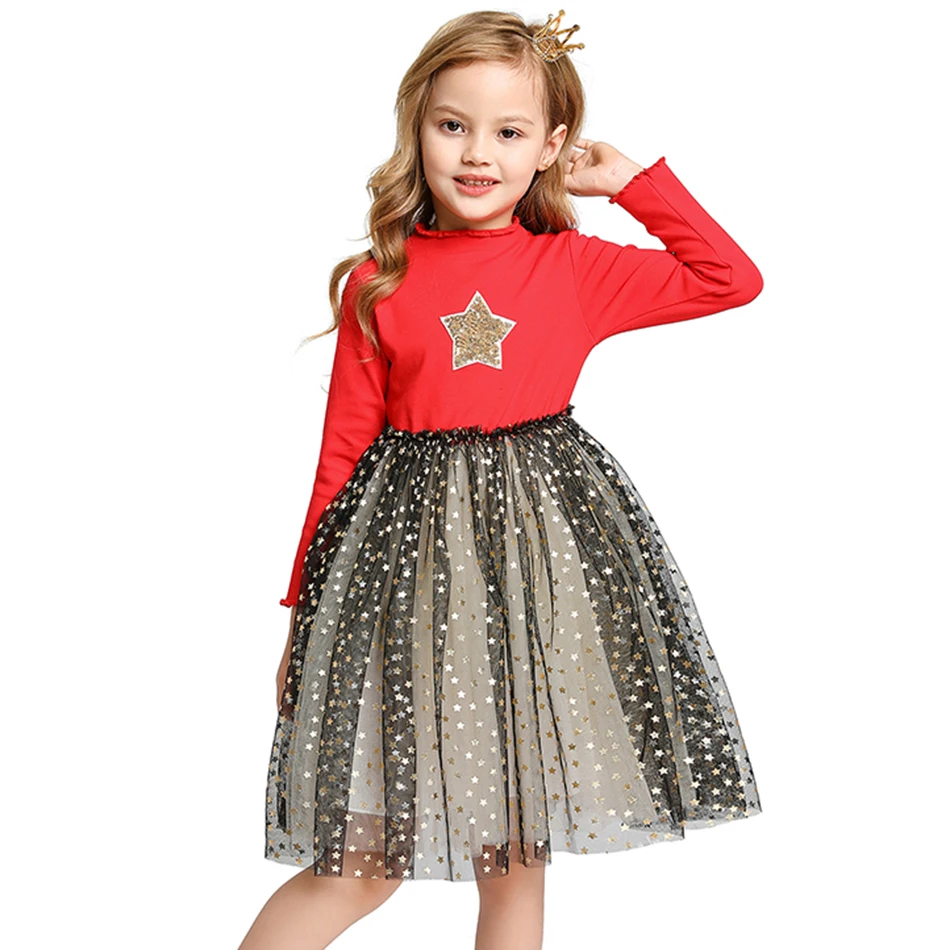 

Star Sequins Girls Dress Long Sleeve Toddler Vestidos Kids Princess Dress for Girl Birthday Party Cotton Tulle Children Clothes
